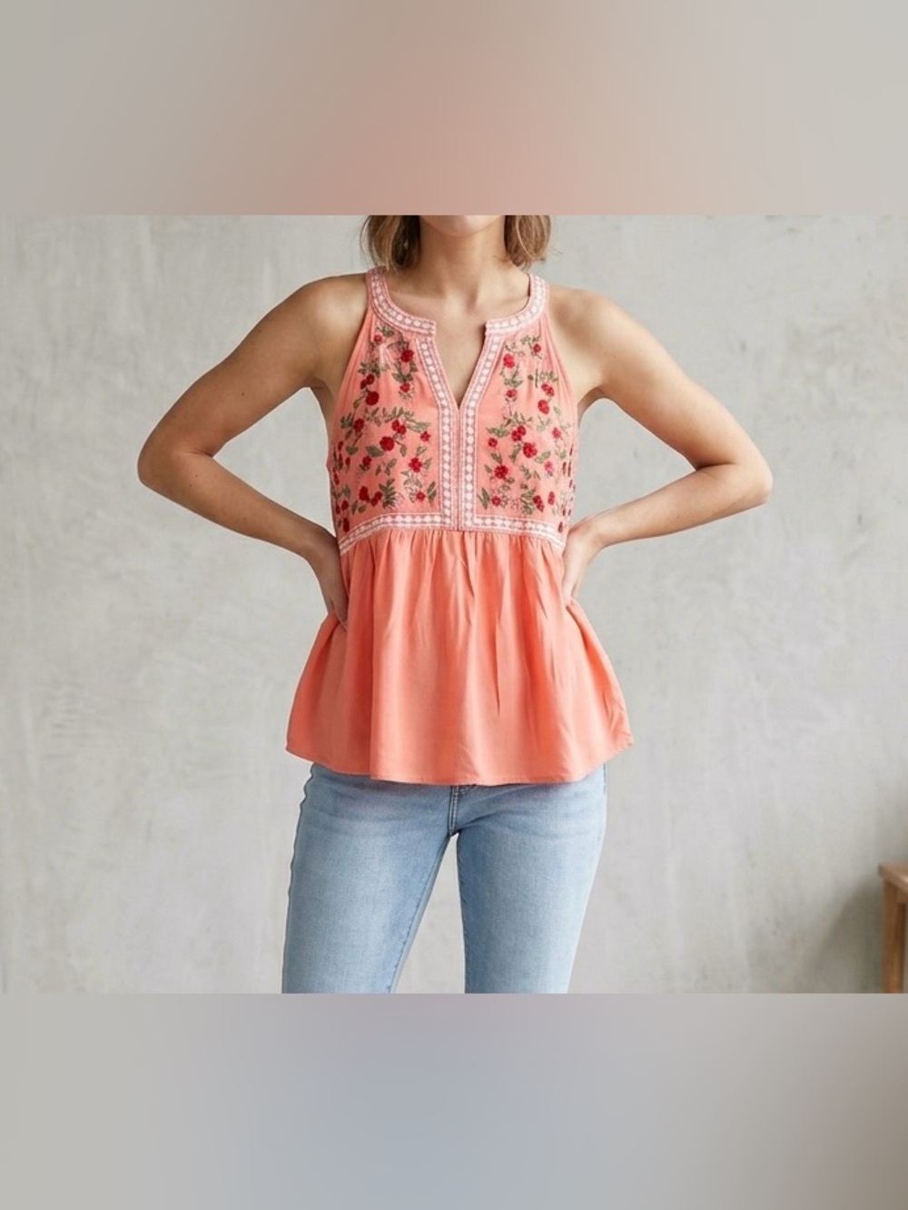 Embroidered Floral Halter Babydoll Tank Top Coral Pink Orange Boho Size M